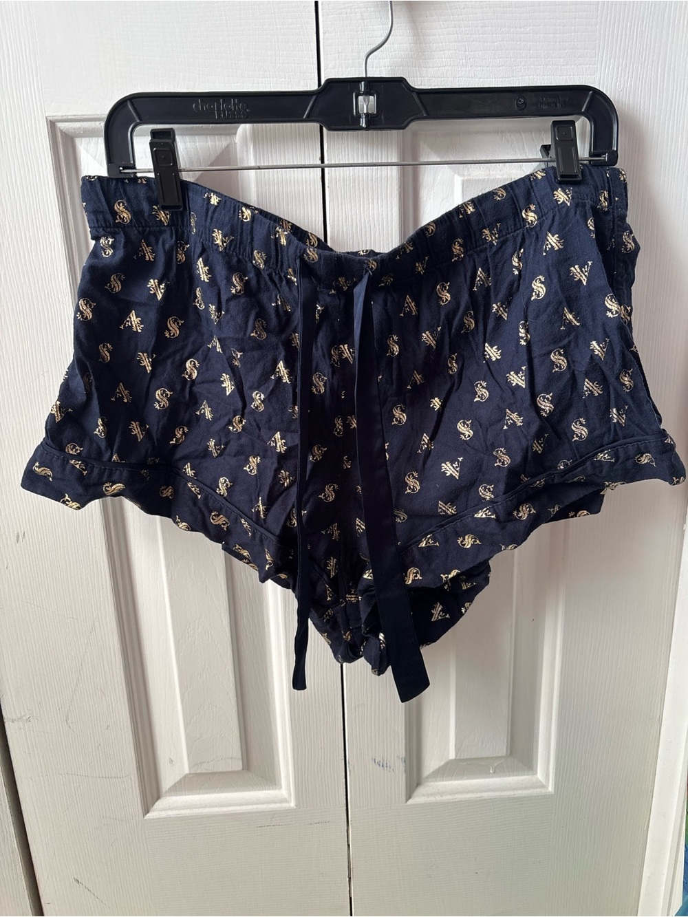 Victoria's Secret Large Navy Gold Monogram Cotton Pajama Sleep Shorts Tie Waist - Picture 10 of 13